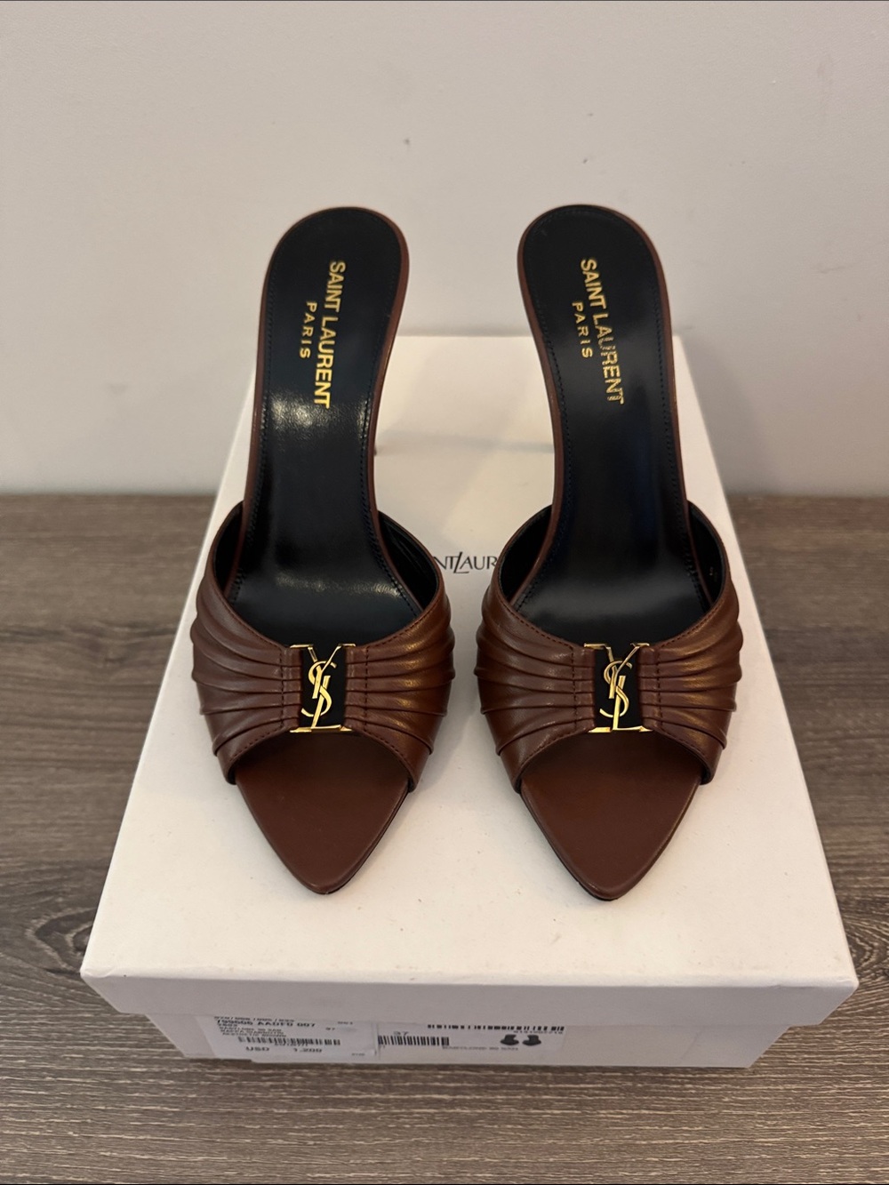 Saint Laurent Brown Leather YSL Slide Mules with Gold Logo
